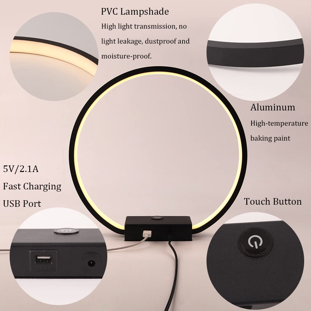 Masivel Led Circle Table Lamp Touch Control 3-Way Dimmable Bedside Nightstand Lamp With Usb Port Modern Tabletop Lamps, 12W 3000K Warm Light, Desk Lamp For Bedroom Living Room, Black
