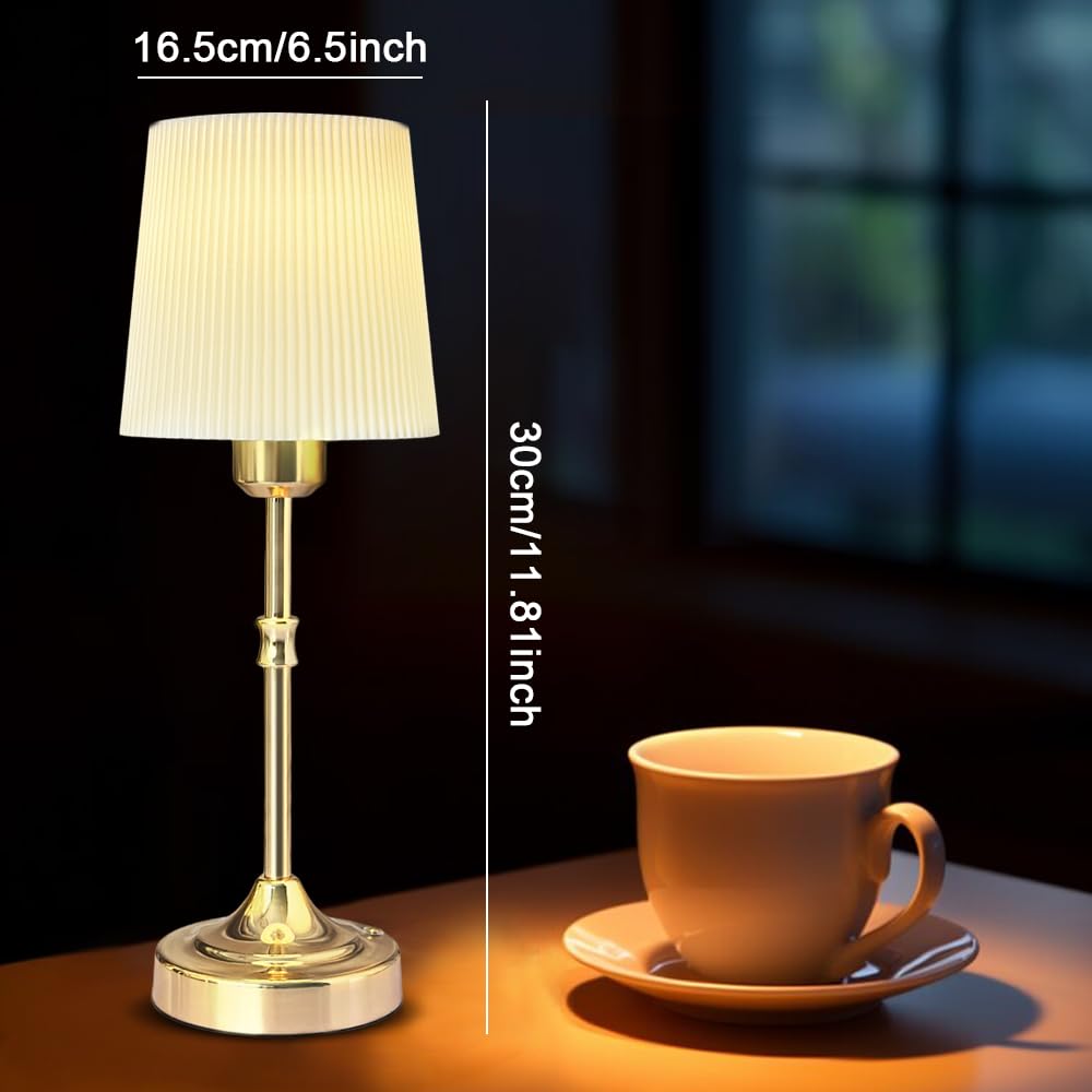 Leroxo Cordless Led Metal Table Lamp, Portable Fabric Shade Desk Lamp, 3-Level Brightness, Touch Sensor Control, Rechargeable Bedside/Nursery/Dining Room Lamp (Gold)