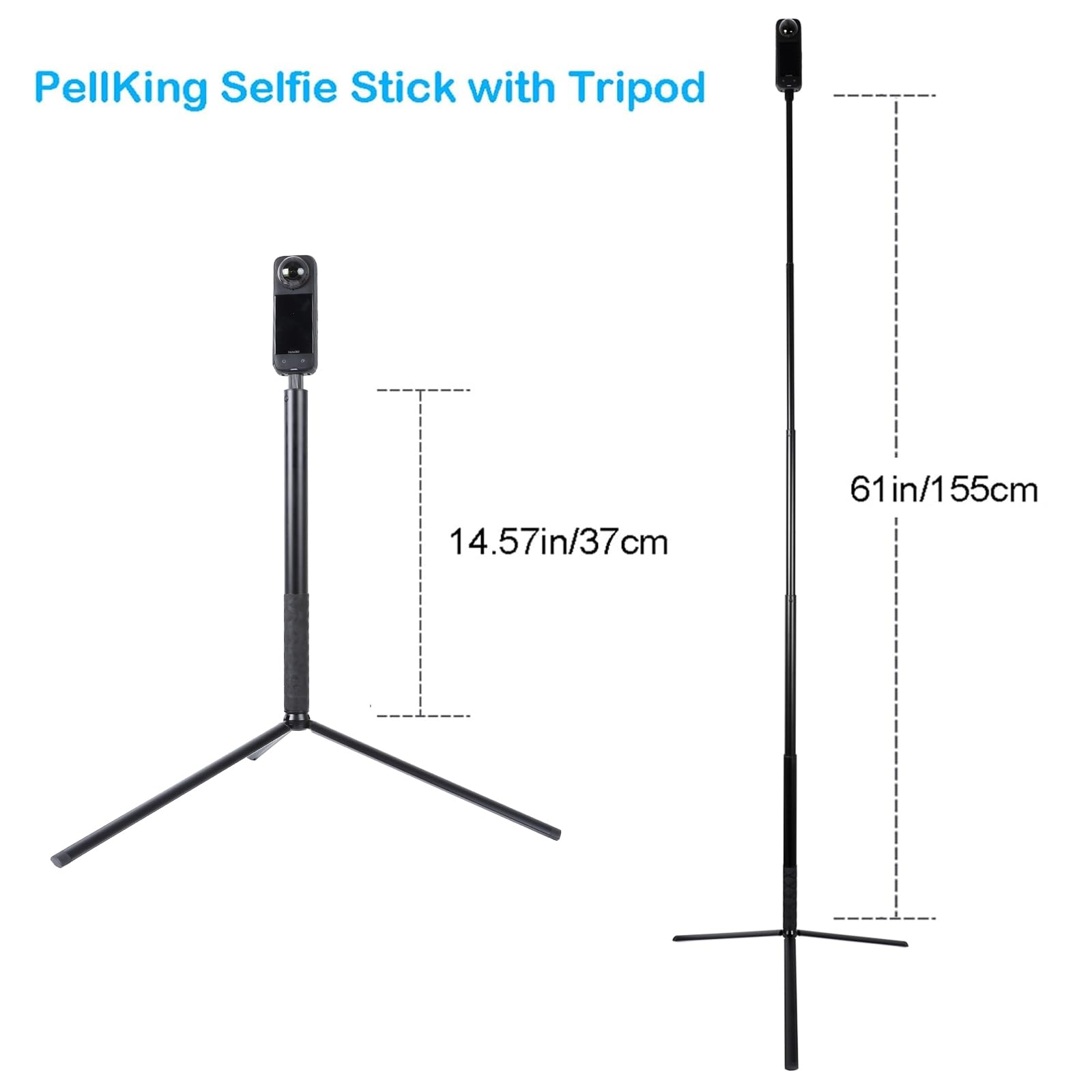 Pellking Monopod For Insta360 One X5/X4/X3/X2/X,61"/155Cm Selfie Stick+12In/31Cm Aluminium Alloy Tripod,As Ground Support Monopod For Insta360 One X4 Etc Cameras