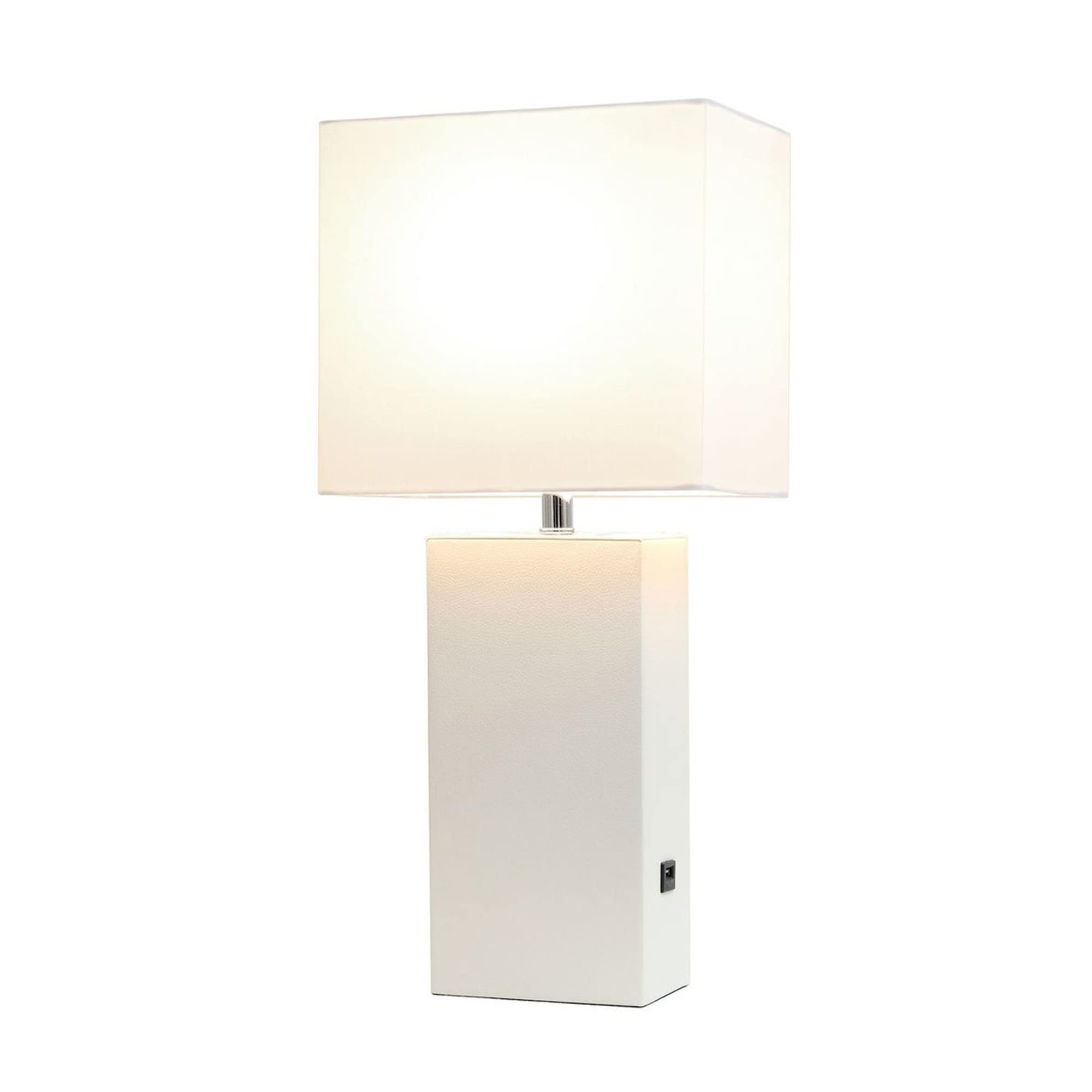 Lalia Home Lexington 21" Leather Base Modern Home Décor Bedside Table Lamp With Usb Charging Port For Living Room, Bedroom, Entryway, Foyer, Or Office (White)
