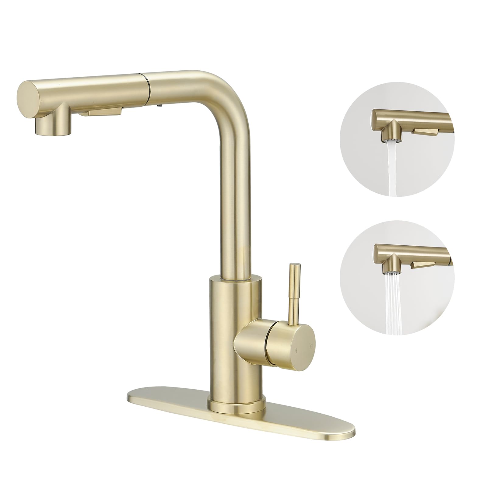 Bathlavish Gold Kitchen Faucet With Pull Down Sprayer 3 Outlet Mode Modern Single Hole Single Handle Commercial Matt 360°Swivel Spout Stainless Steel Utility Laundry Mixer Tap