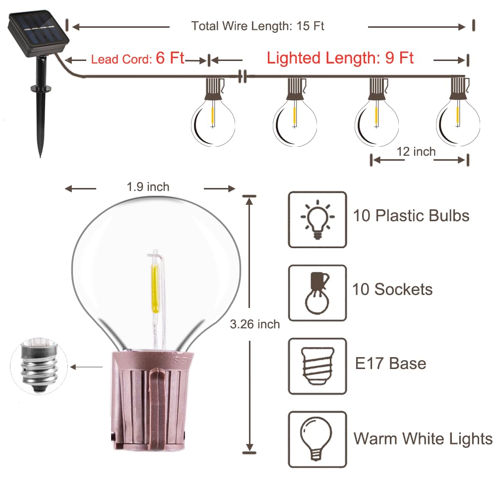 All Fortune Solar Outdoor String Lights, 15Ft G50 Patio Lights String Waterproof With 10 Warm White Led Shatterproof Bulbs, Perfect For Garden, Backyard, Pergola, Party, Cafe, Camping Decoration
