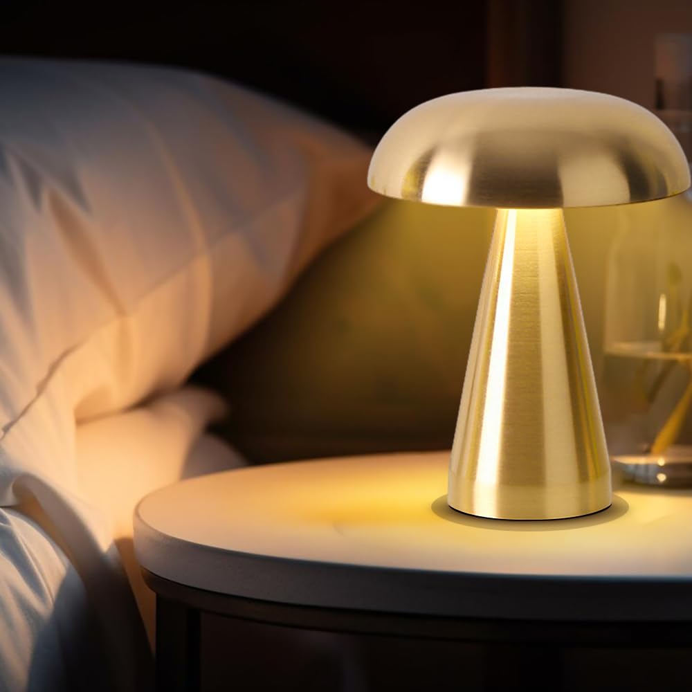 Leroxo Portable Led Desk Lamp, Cordless Metal Table Lamp, 3-Color Touch Control Rechargeable Light, 3-Levels Brightness Room Decor, Bedside & Dining Room Light (Gold)