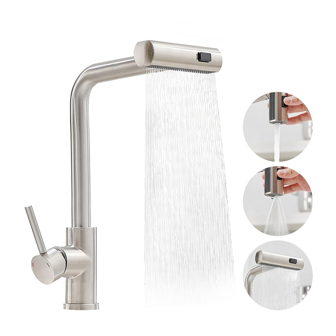 Owofan Kitchen Faucet With Pull Down Sprayer Waterfall Single Hole Single Handle Stainless Steel Kitchen Sink Faucets Brushed Nickel