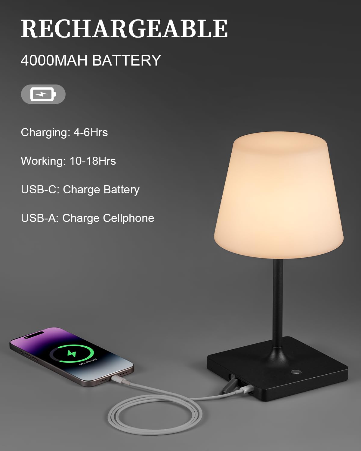 Tigkhae Led Cordless Table Lamp, 4000Mah Rechargeable, Outdoor Battery Operated Desk Lamp, Portable Waterproof Patio Table Lamps, Touch Dimmable Night Lamp, Ambient Light For Restaurant H11In