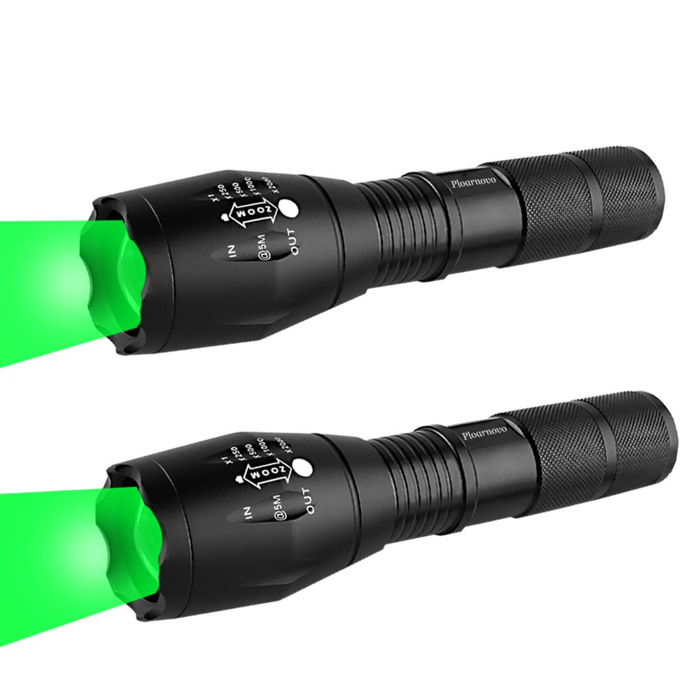 Ploarnovo Green Hunting Flashlight Green Led Flashlight Green Handheld Light - Zoomable, Water & Shock Resistant Night Hunting Lights For Fishing Hog Pig Coyote Varmint Predator Rifle (2 Pack)