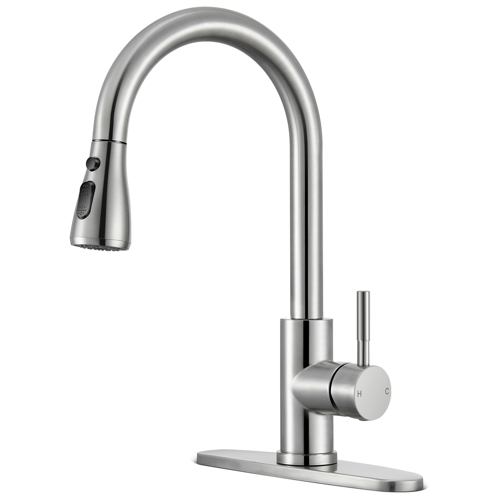 Soebiz Kitchen Faucets With Pull Down Sprayer, High Arc Single Handle Stainless Steel Commercial Kitchen Faucet 1 Or 3 Hole Sink Faucet For Farmhouse Camper Laundry Rv Bar, Brushed Nickel