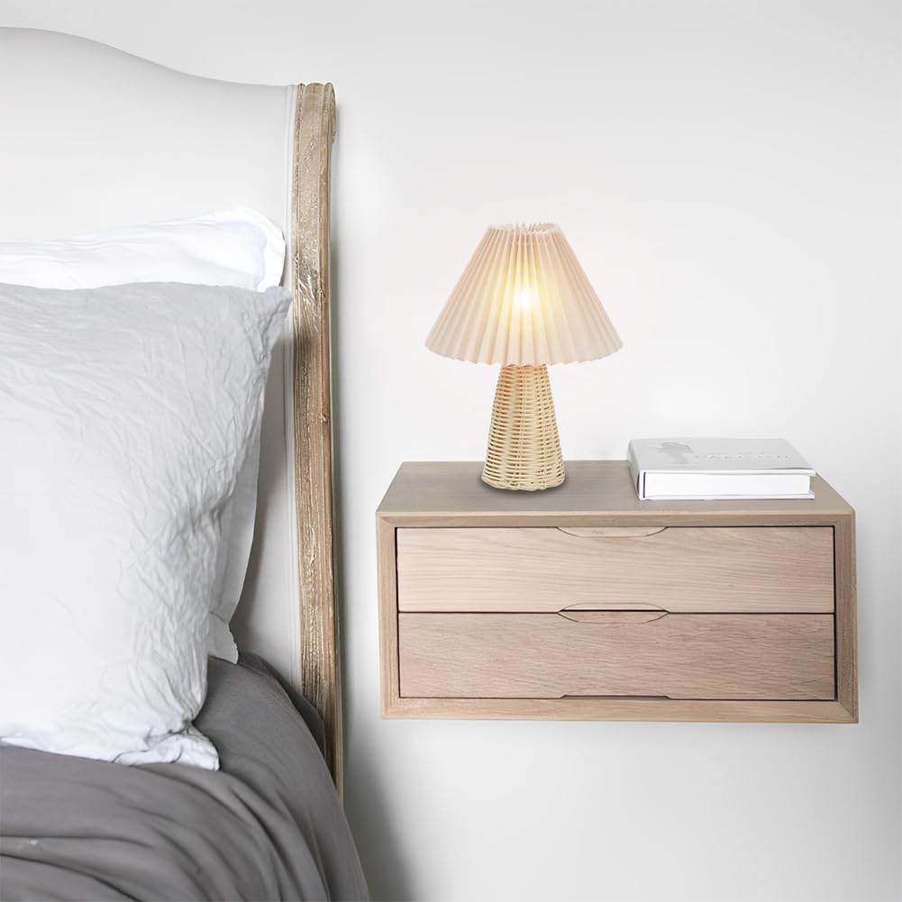 Tiiyee Pleated Table Lamp Bedside Night Lamp With Rattan Base Vintage Design Soft Warm Light For Bedroom Decor And Accent Lighting
