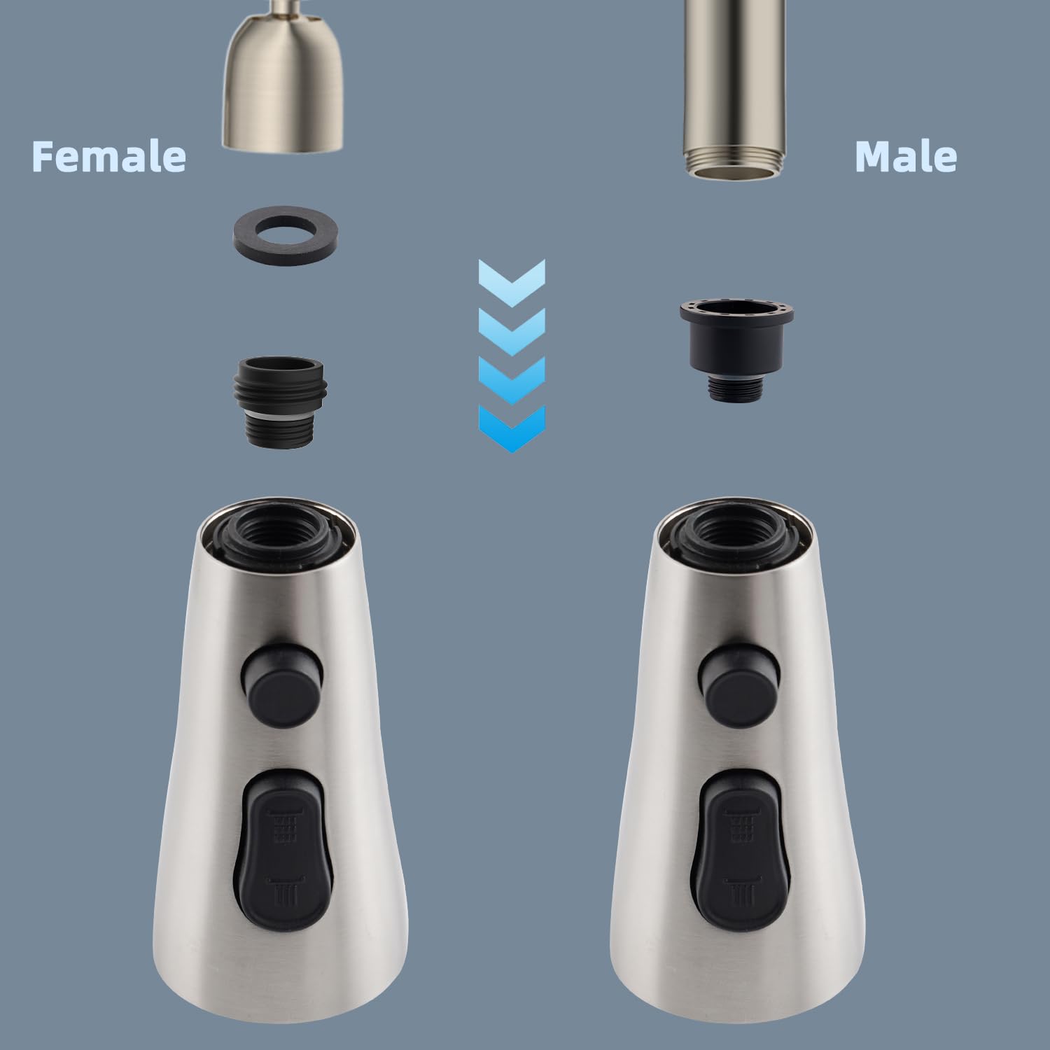 Ifealclear Universal Metal Kitchen Faucet Head Replacement, Pull Down Kitchen Sink Faucet Sprayer Head, Compatible With Moen, Delta, American Standard Faucets,15 Adapters, 3 Modes, Brushed Nickel