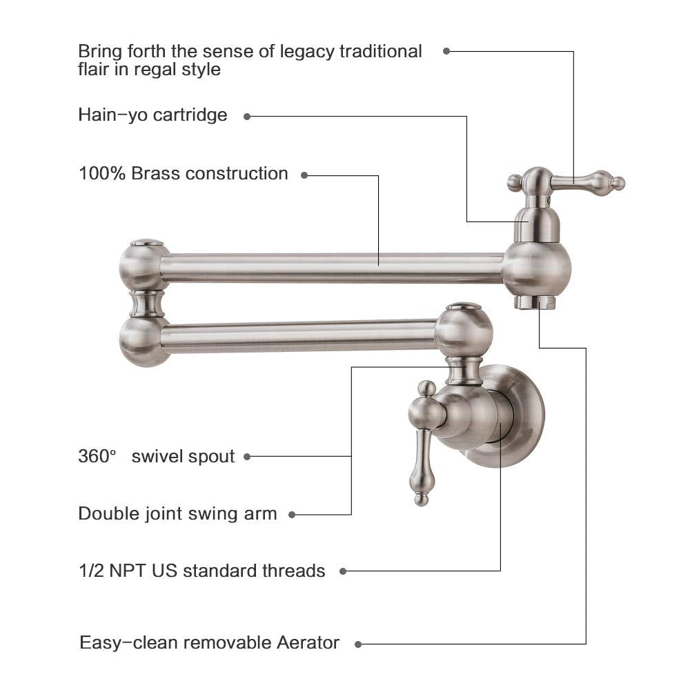 Vokim Pot Filler Faucet Wall Mount Brushed Niickel Kitchen Faucet,With Double Joint Swing Arms,Single Hole, 2 Handles Faucet