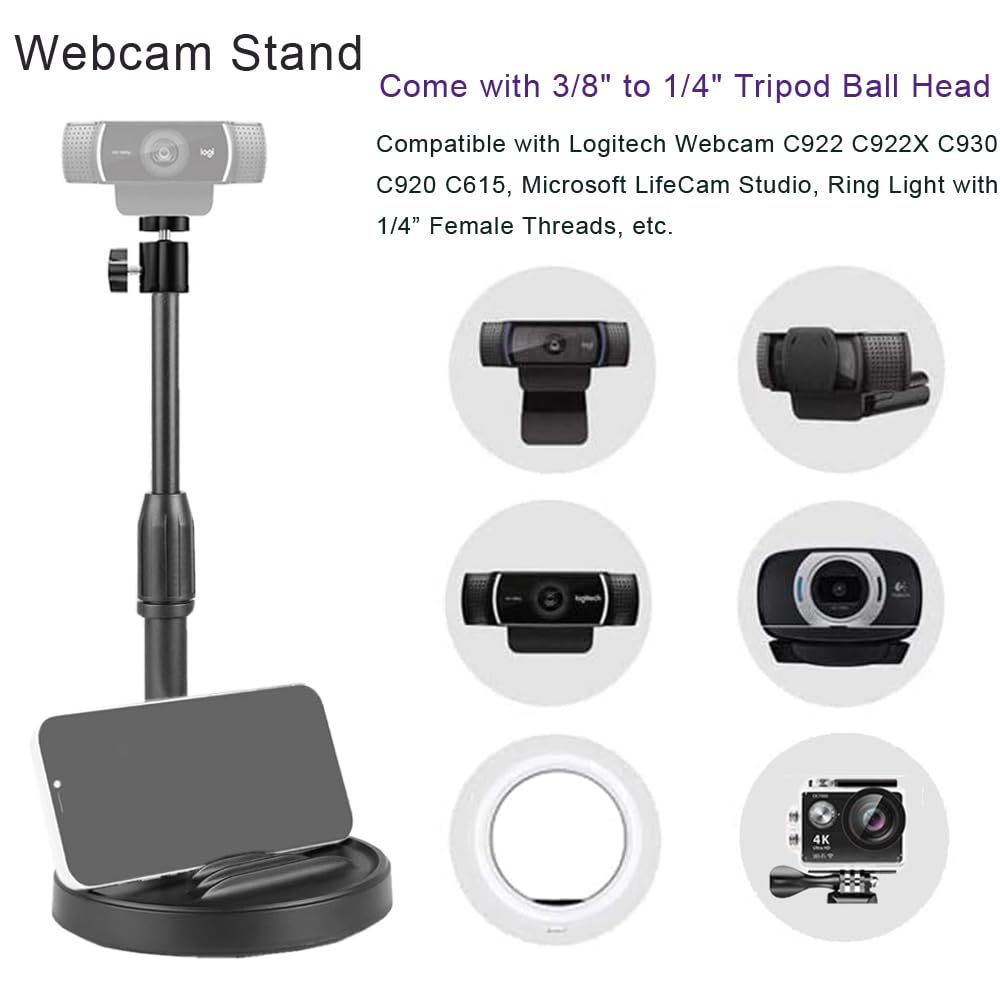 Etubby [3-In-1] Desktop Microphone Stand With Phone Holder, Adjustable Desk Table Mic Stand Webcam Stand Phone Stand With Mic Clip, Phone Clip, 3/8" To 5/8" Metal Adapter, Tripod Head