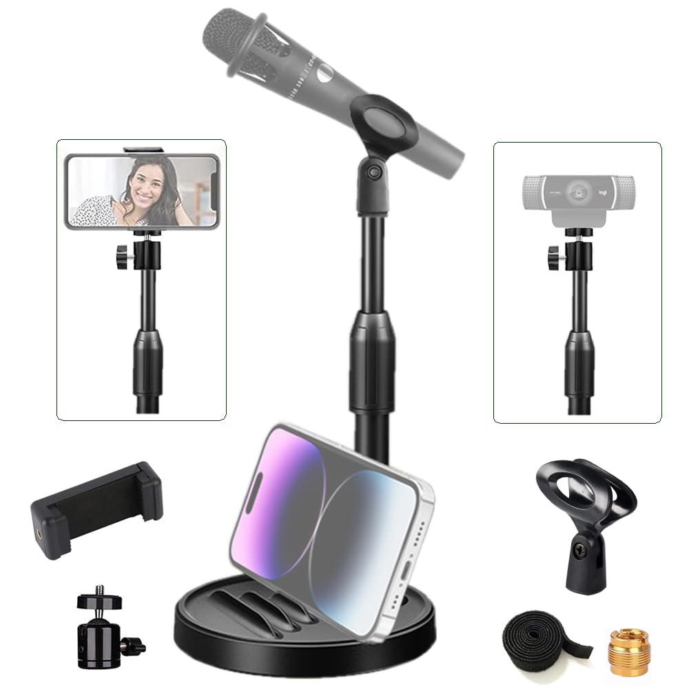 Etubby [3-In-1] Desktop Microphone Stand With Phone Holder, Adjustable Desk Table Mic Stand Webcam Stand Phone Stand With Mic Clip, Phone Clip, 3/8" To 5/8" Metal Adapter, Tripod Head
