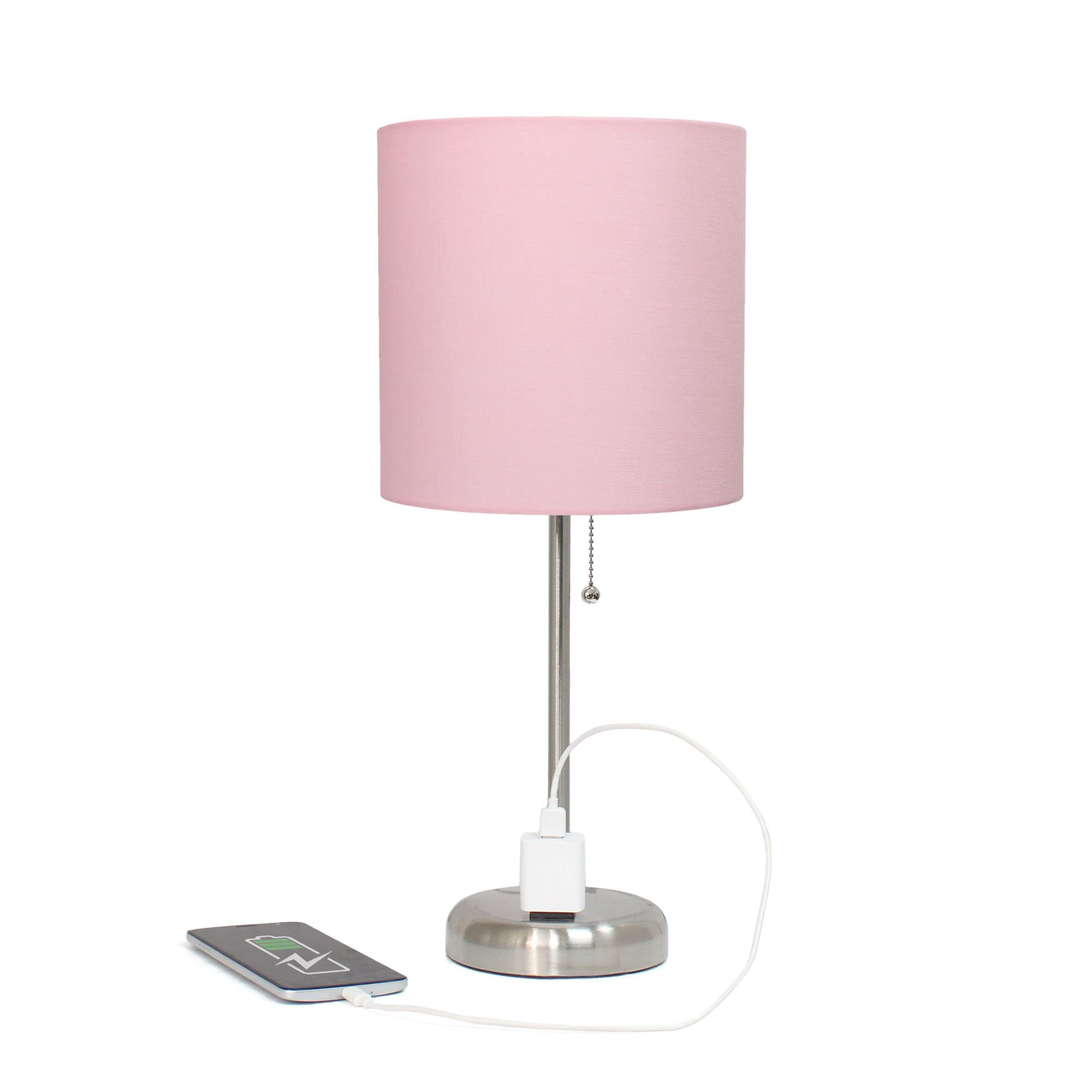 Creekwood Home Oslo 19.5" Contemporary Bedside Power Outlet Base Standard Metal Table Desk Lamp In Brushed Steel With Light Pink Drum Fabric Shade