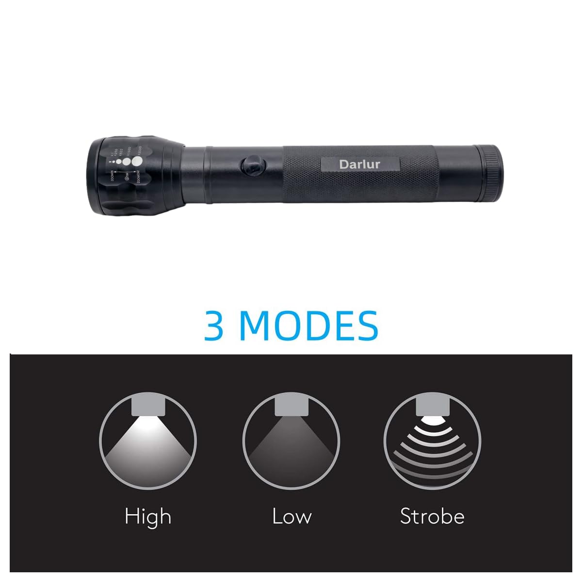 Darlur Heavy Duty Led Flashlight, 2-Cell D Battery Big Flashlights, Aluminum Body，3 Light Modes, 500 Lumen Zoomable Adjustable Focus， For Home ，Outdoor Adventures And Emergency Power Outages