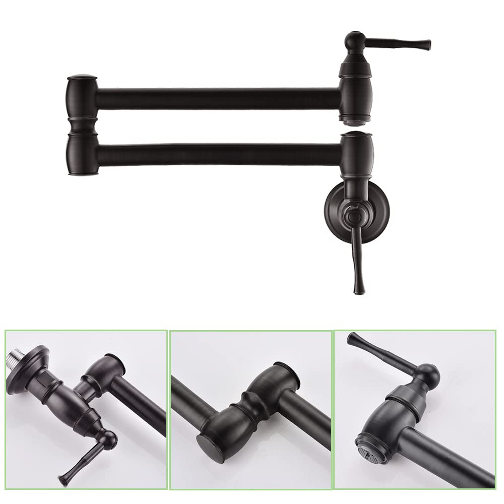 Boomhoze Matte Black Pot Filler Faucet, Commercial Folding Wall Mount Stove Kitchen Sink Faucet With Double Joint Swing Arms Single Hole Hot/Cold Water