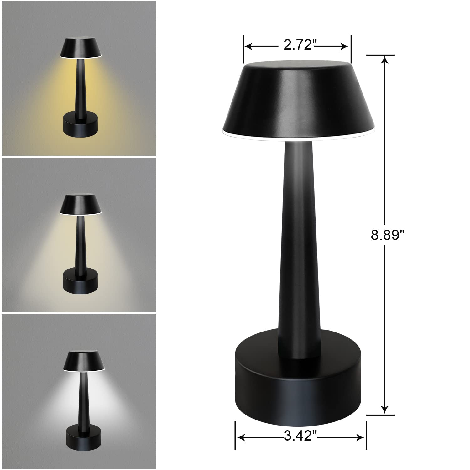 Umexus 2 Pack Rechargeable Small Cordless Table Lamp, Led Battery Operated Touch 3 Color Dimming Bedside Nightstand Desk Lamps Metal Portable Night Lights For Bedroom Bar Restaurant Outdoor Black