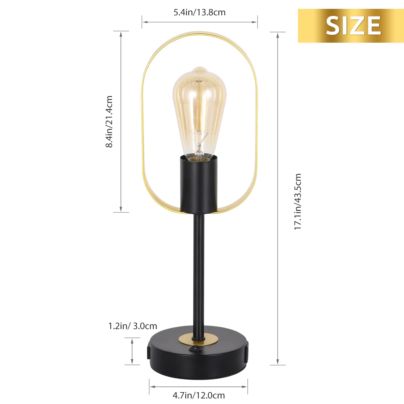Nananardoso Industrial Metal Table Lamp, Vintage Desk Lamp With 2 Usb Ports And Ac Outlet, Nightstand Lamp With Gold Oval Shade For Bedrooms, Dining Room, Living Room, Cafe