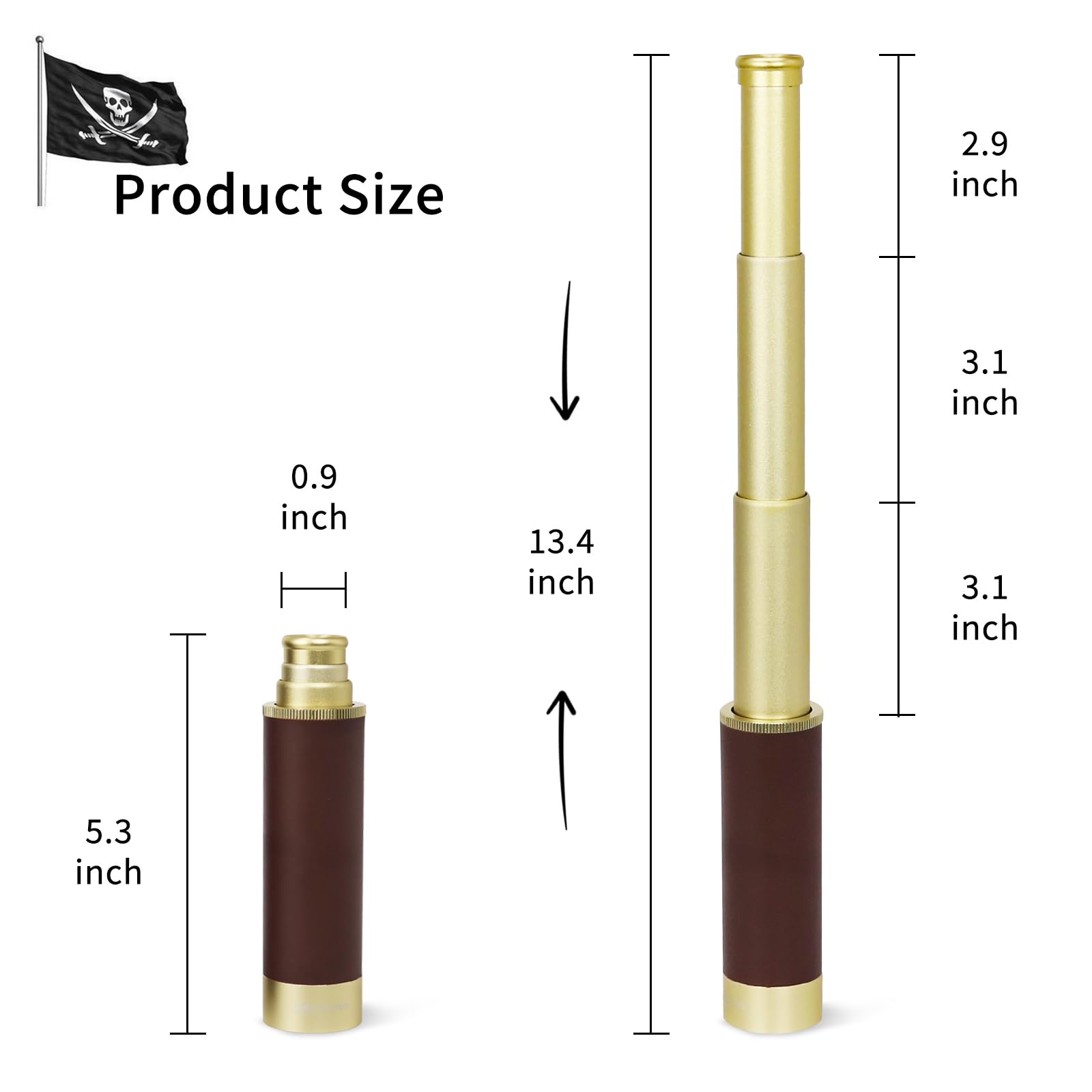 doar 25X30 Zoomable Monocular Vintage Pirate Telescope - Waterproof Aluminum Alloy Brass Adjustable Optics Telescope For Travel Navigation Sailing Voyage View Watching Games(Gold)
