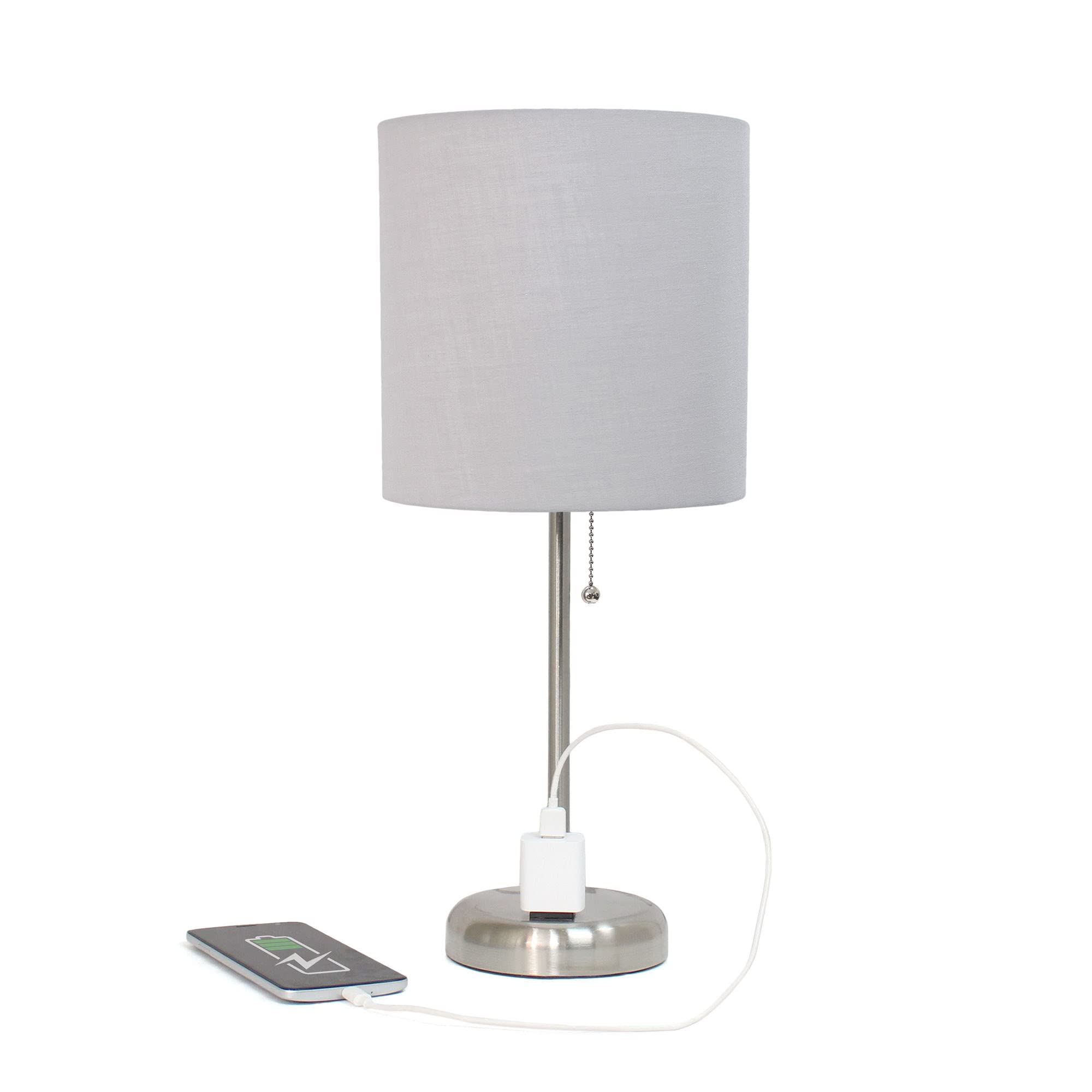 Creekwood Home Oslo 19.5" Contemporary Bedside Power Outlet Base Standard Metal Table Desk Lamp In Brushed Steel With Gray Drum Fabric Shade