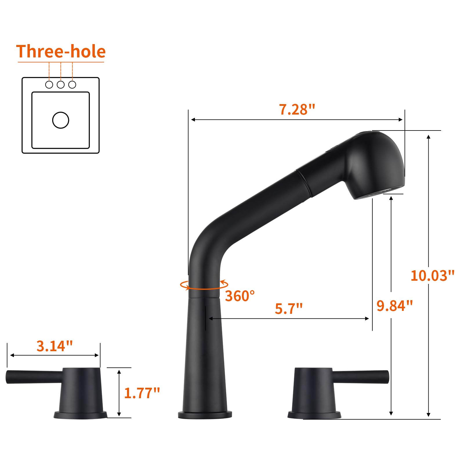 Rulia Kitchen Faucet, 2 Handles Kitchen Sink Faucet, 3 Holes Sink Faucet, Pull Out Kitchen Faucets, Bar Kitchen Faucet, Matte Black, Stainless Steel, Rb1065