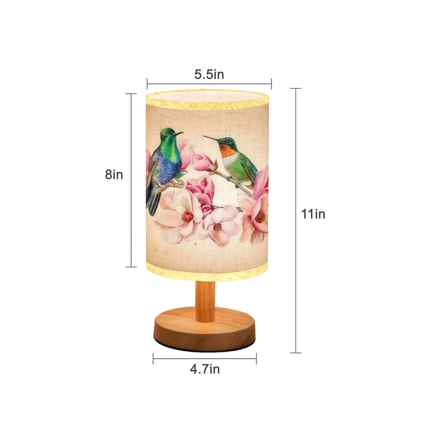 Lopyeijfg Minimalist Bedside Table Lamp Hummingbirds Sitting On A Flowering Branch Of Magnolia Exotic Birds Wood Nightstand Desk Base Flaxen Fabric Shade For Bedroom Living Room, 5.5X11Inch