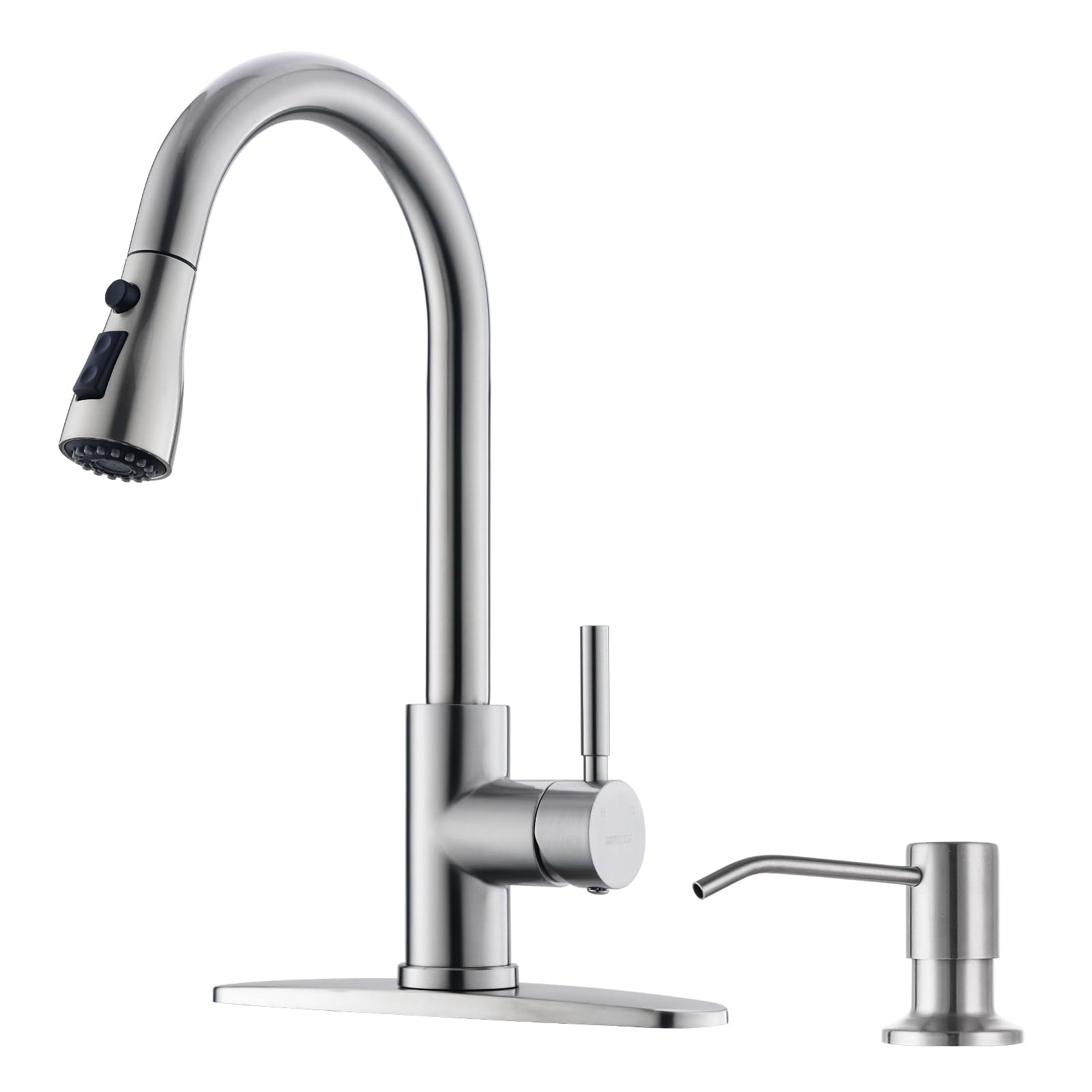Wewe Kitchen Sink Faucet With Soap Dispenser, Kitchen Faucet With Pull Down Sprayer 3 Modes Stainless Steel Single Handle Single Hole Pull Out Brushed Nickel Faucet For Bar Laundry Rv Utility Sink