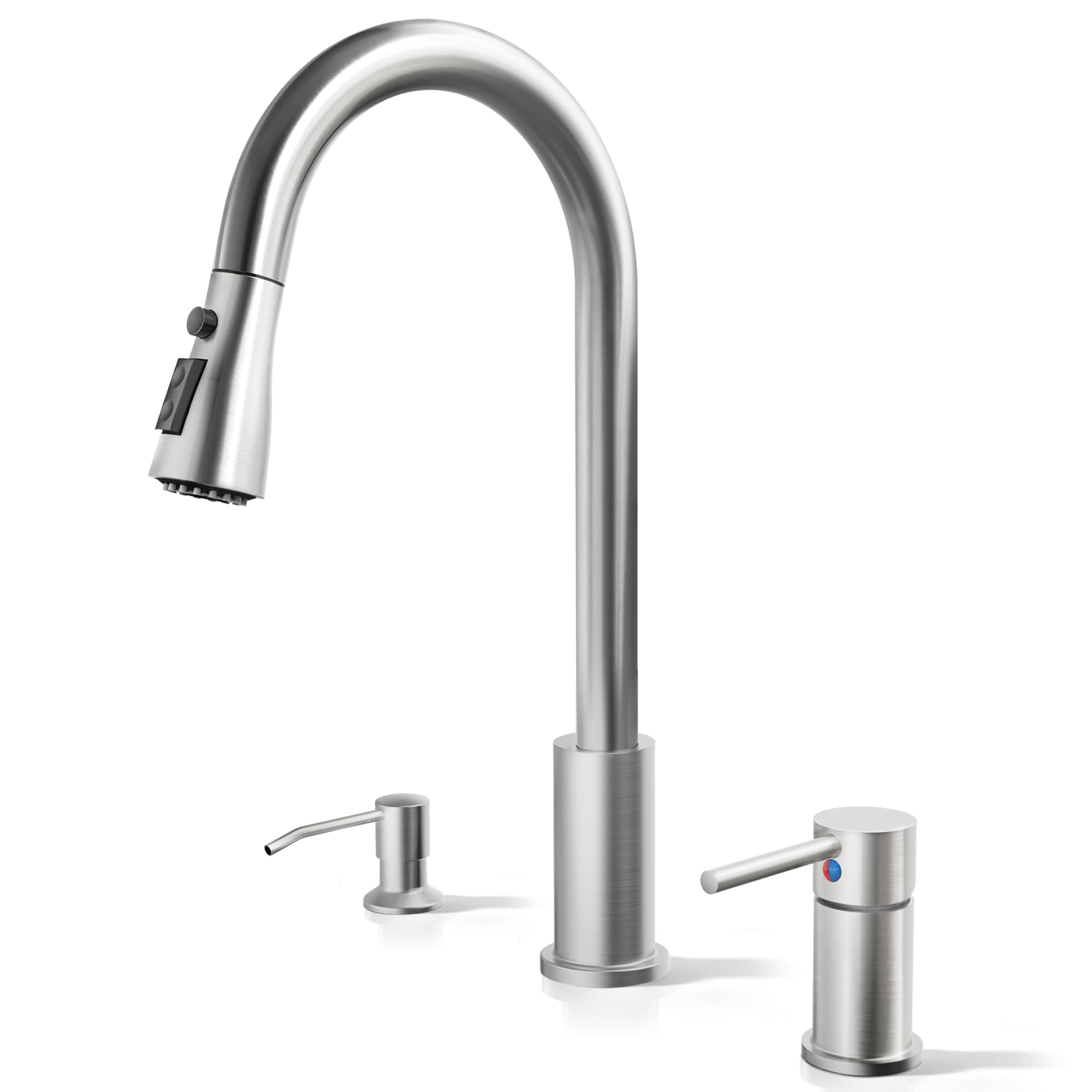Fropo 3 Hole Kitchen Faucets, Brushed Nickel Kitchen Faucet With Soap Dispenser, Kitchen Faucets With Pull Down Sprayer And Single Side Handle 3 Pieces, Stainless Steel High Arc Kitchen Sink Faucet