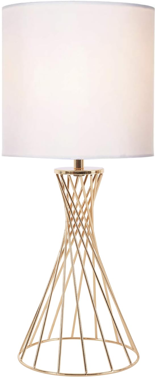 Popity Home Gold Table Lamp, Nightstand Lamp, Small Cute Desk Lamp, Modern Bedside Lamp With White Fabric Shade, Metal Geometric Hollow Out Base Lamps For Living Room Bedrooms Kids Room