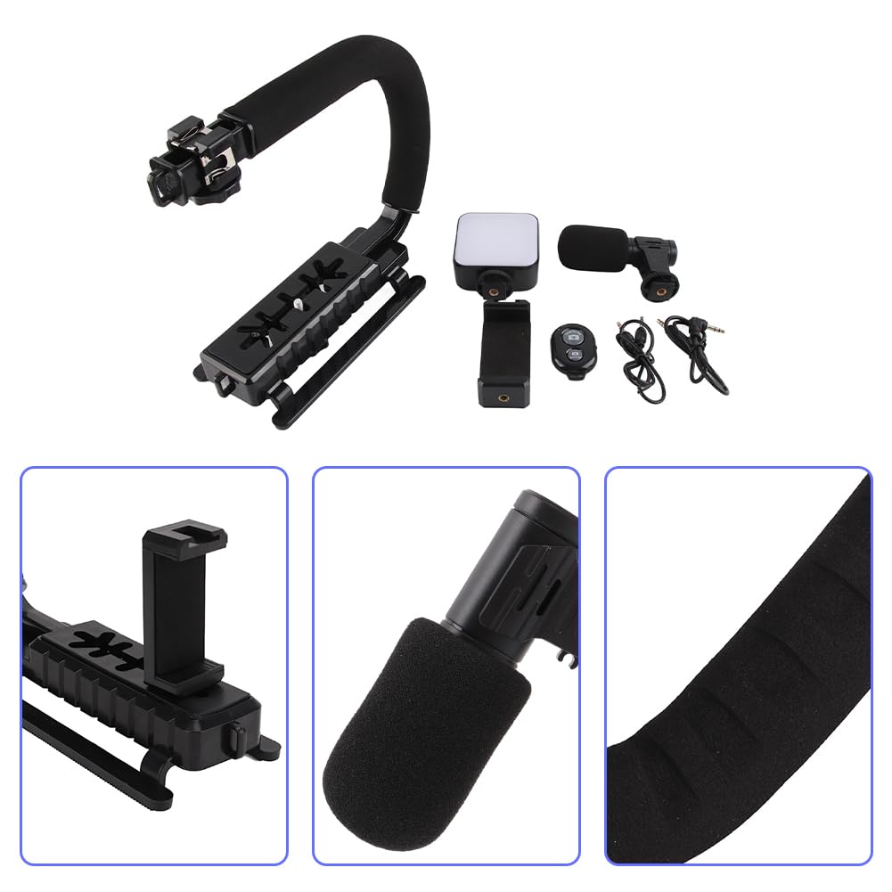 Tiiyee Handheld Camera Stabilizer Bracket,Portable U Shape Video Holder With Led Fill Light And Microphone For Interview Photography Portable Dv Bracket Studio Kit Cold Shoe Tripod Head All Cameras Home