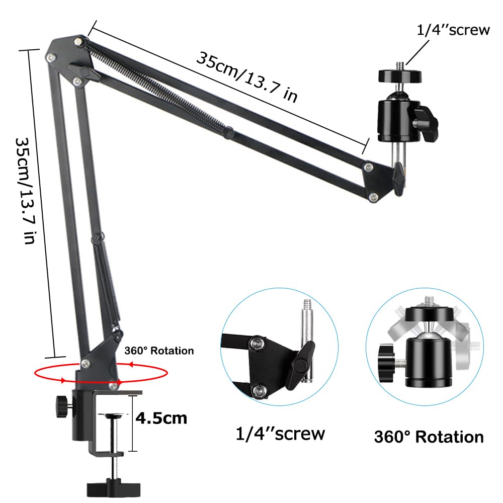 Yiyant Overhead Tripod Mount For Camera Webcam Ring Light, Over Head Articulating Arm With Phone Holder And Ball Head, Desktop Suspension Scissor Accessory For Live Streaming,Video Recording