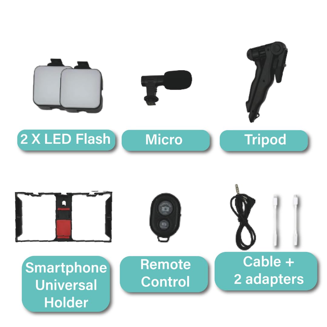 T Cache Vlogging Kit For Iphone & Android - Youtube Starter Kit With 2 Led Light, Tripod, Microphone & Smartphone Holder, Social Media Video Recording Kit - Content Creator Essentials