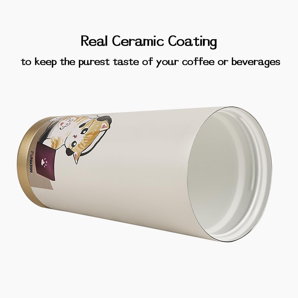 Funkrin Coffee Travel Mug With Straw & Flip Lid, 16Oz Insulated Tumbler Cup With Ceramic Coating