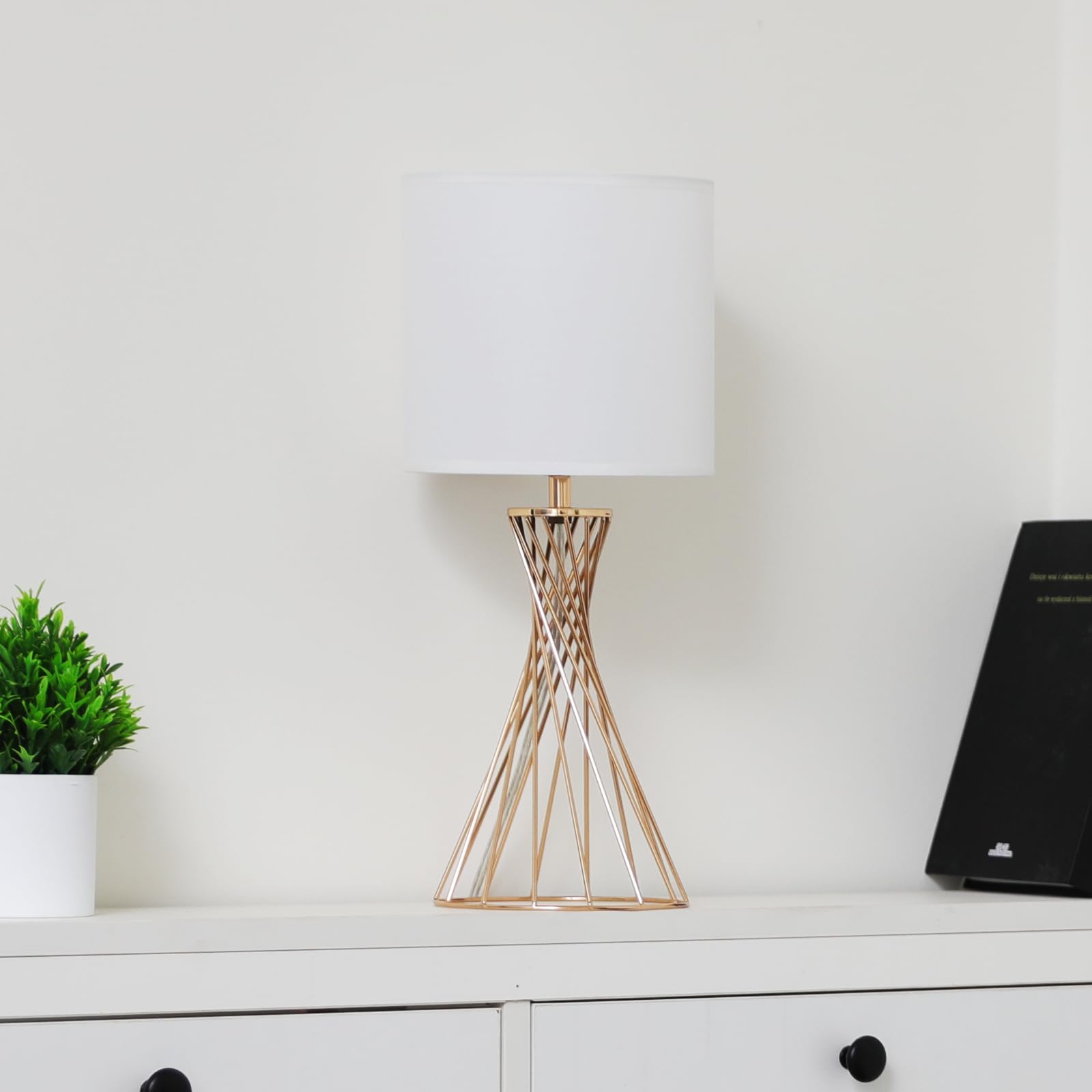 Popity Home Gold Table Lamp, Nightstand Lamp, Small Cute Desk Lamp, Modern Bedside Lamp With White Fabric Shade, Metal Geometric Hollow Out Base Lamps For Living Room Bedrooms Kids Room