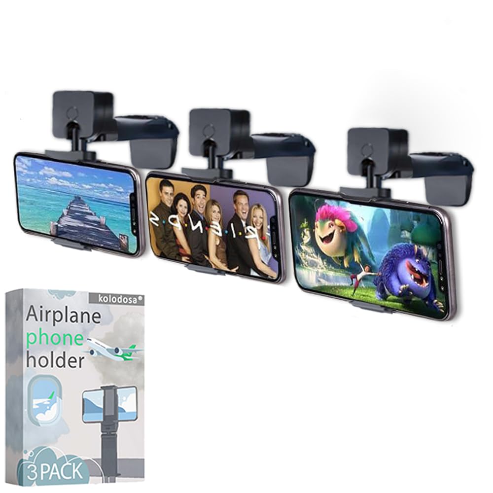 Kolodosa 3 Pack Airplane Phone Holder Travel Essentials Accessories Cruise Car Mount Cell Stand Air Plane Table Seat Desk Flight Vacation Size Golf Cart Universal Hands 