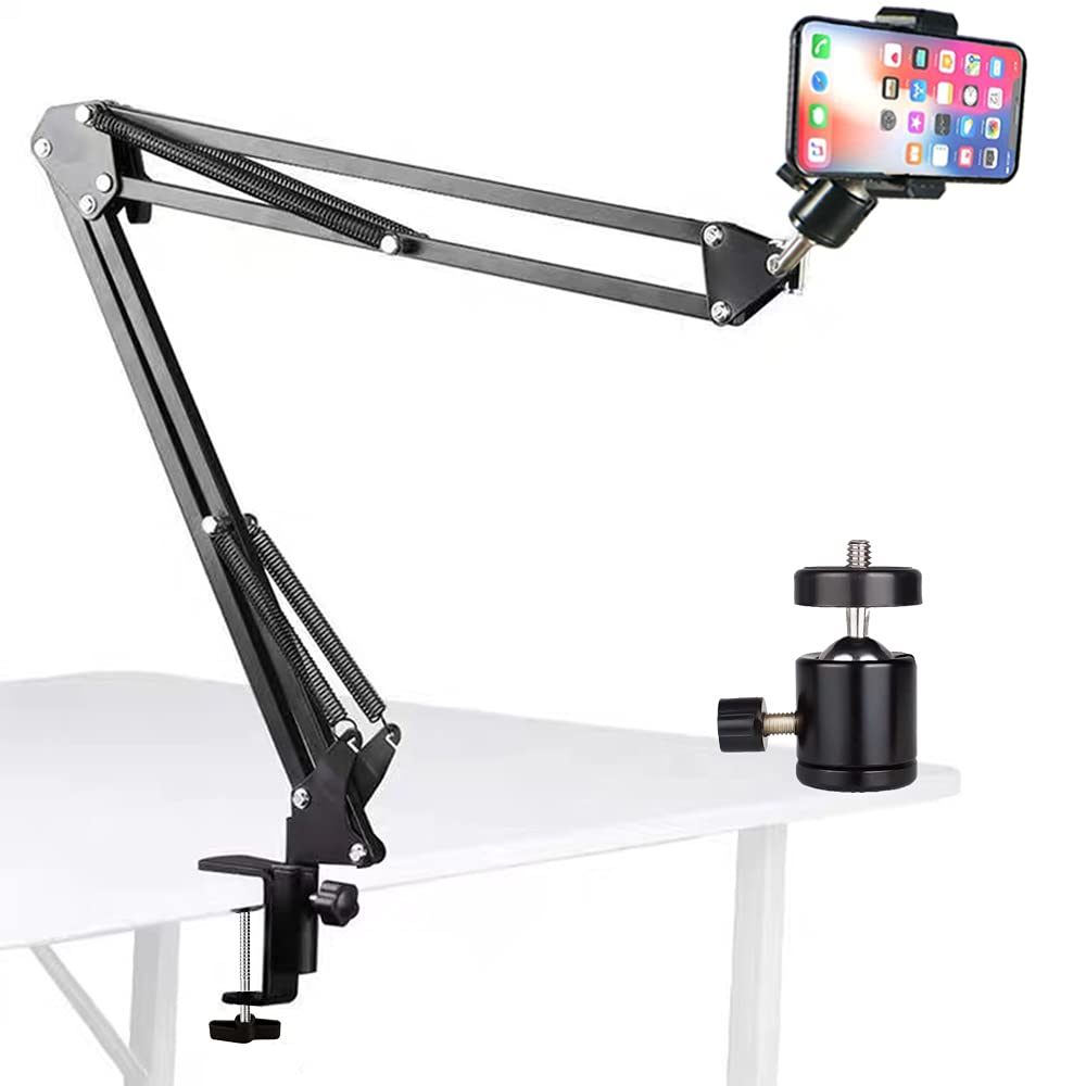 Yiyant Overhead Tripod Mount For Camera Webcam Ring Light, Over Head Articulating Arm With Phone Holder And Ball Head, Desktop Suspension Scissor Accessory For Live Streaming,Video Recording