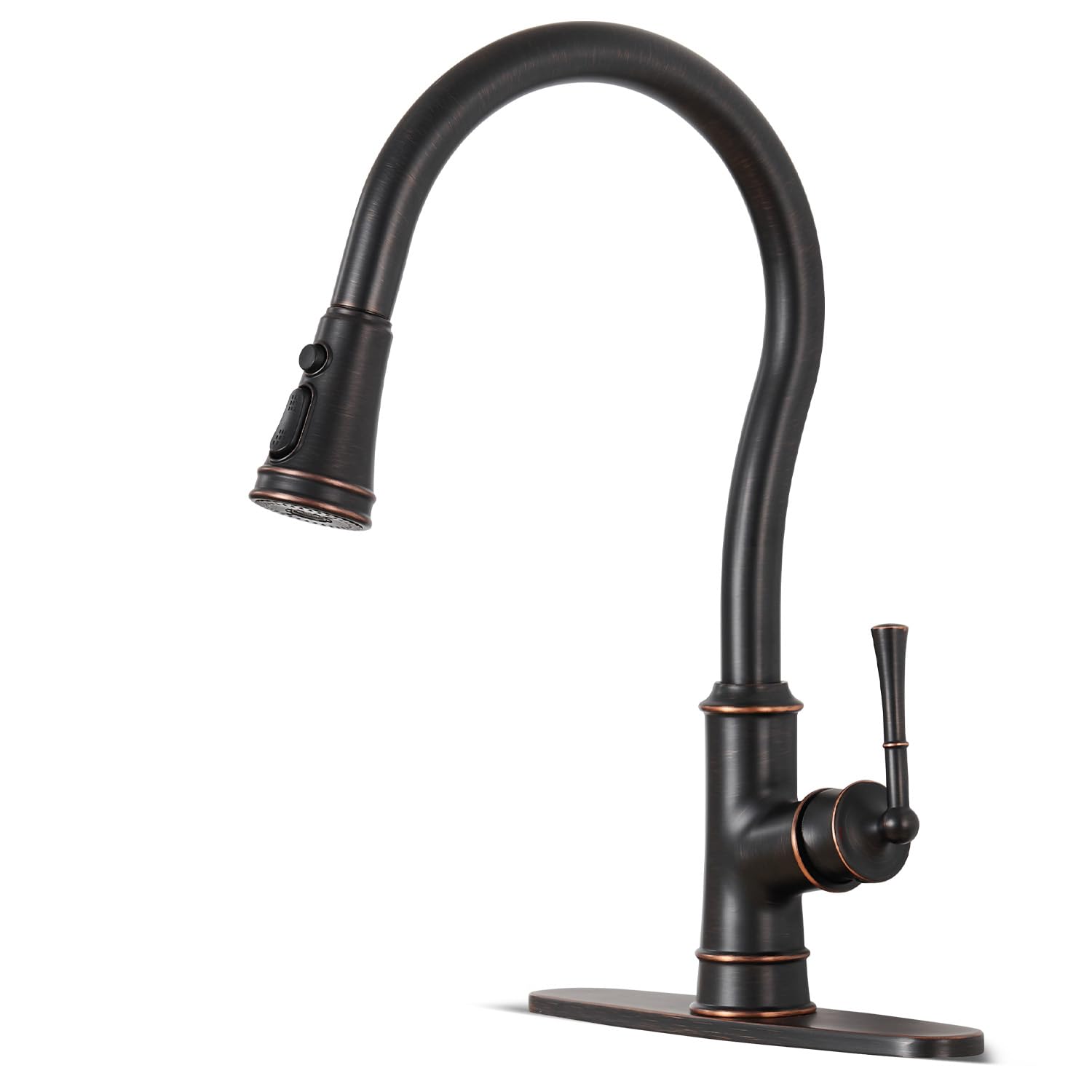 Winkear Kitchen Faucets With Pull Down Sprayer, Oil Rubber Brown Kitchen Sink Faucet Brass High Arc Single Handle Single Hole Kitchen Faucet Vintage With Deck Plate For Farmhouse Camper Laundry Rv Bar