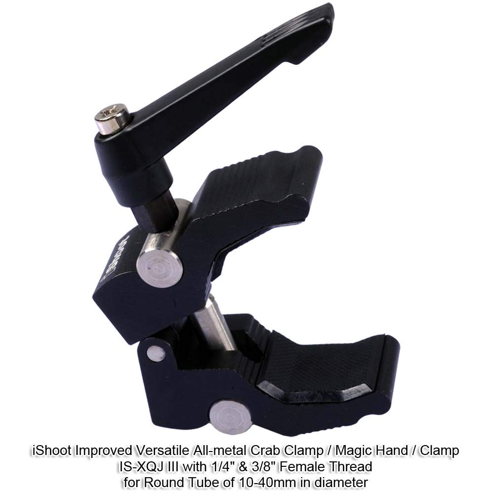 Ishoot Improved Versatile All-Metal Crab Clamp Magic Hand Pliers With 1/4" & 3/8" Screw Hole, Used For Photography Camera Tripod Studio Flash Light Stand Boom Round Tube Circular Pipe Of Dia-10-40Mm