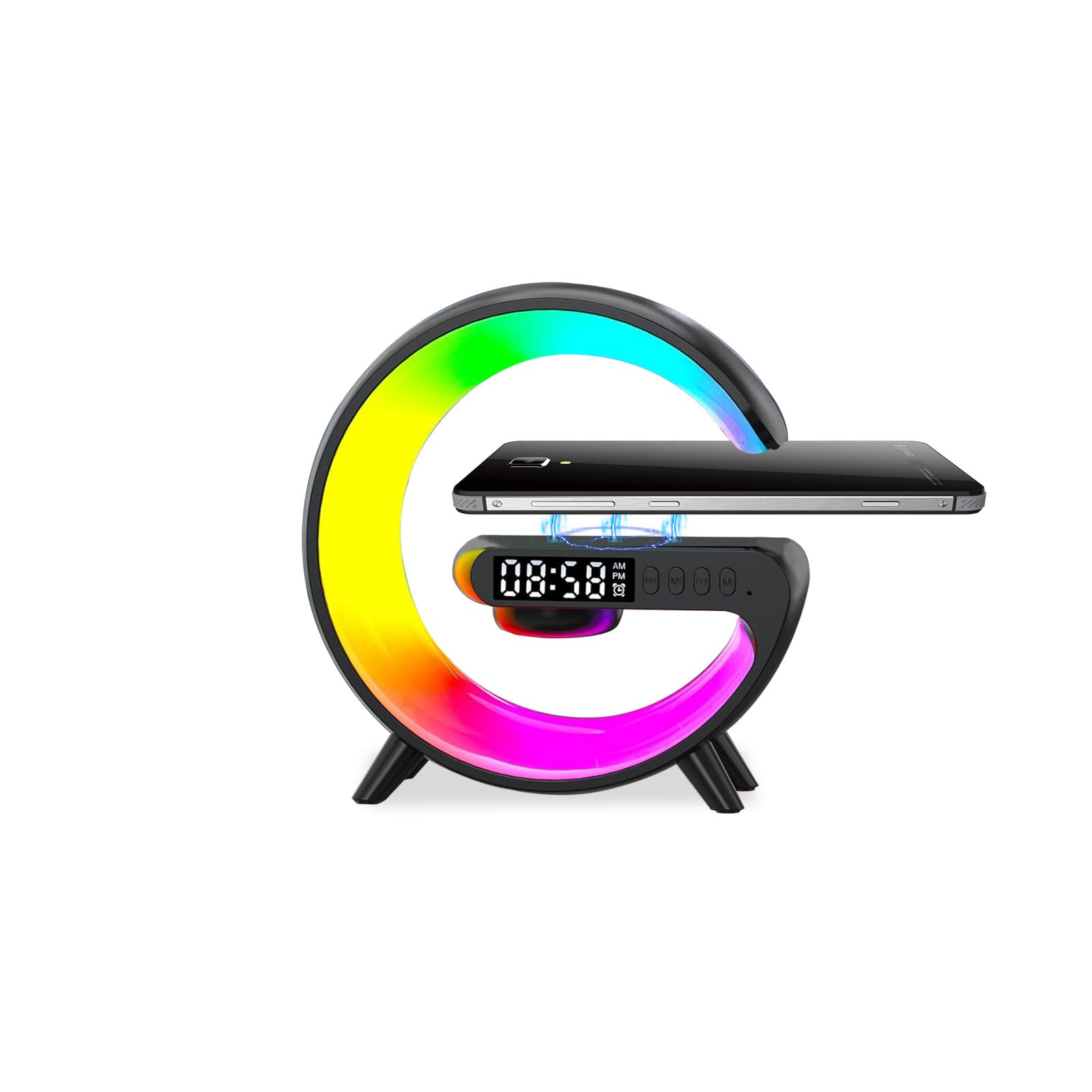 Qivine Charger Atmosphere Lamp, Intelligent Led Table Lamp G Speaker And Charger Lamp With Alarm Clock Color Changing Led Charging Speaker For Bedroom Office Home Decor (Black)