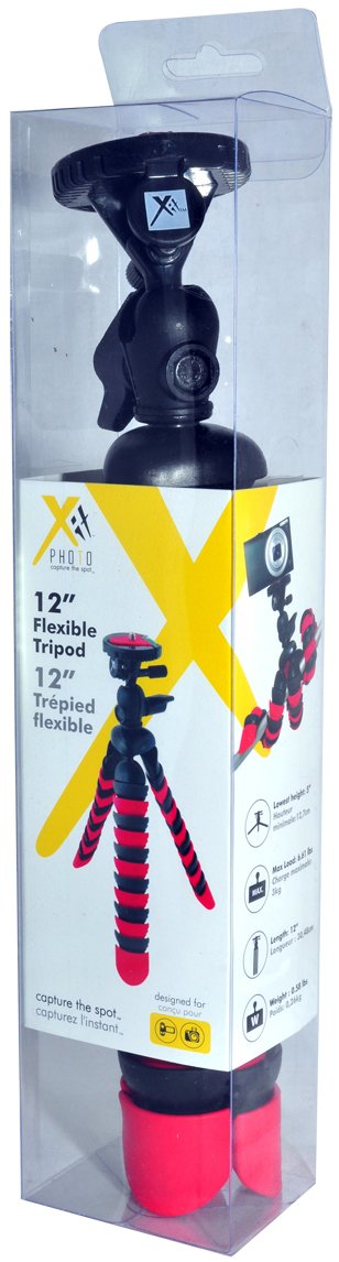 Xit Xt12Flxtr 12-Inch Flexible Tripod With Flexible, Wrapable Legs, Quick Release Plate And Bubble Level (Red/Black)