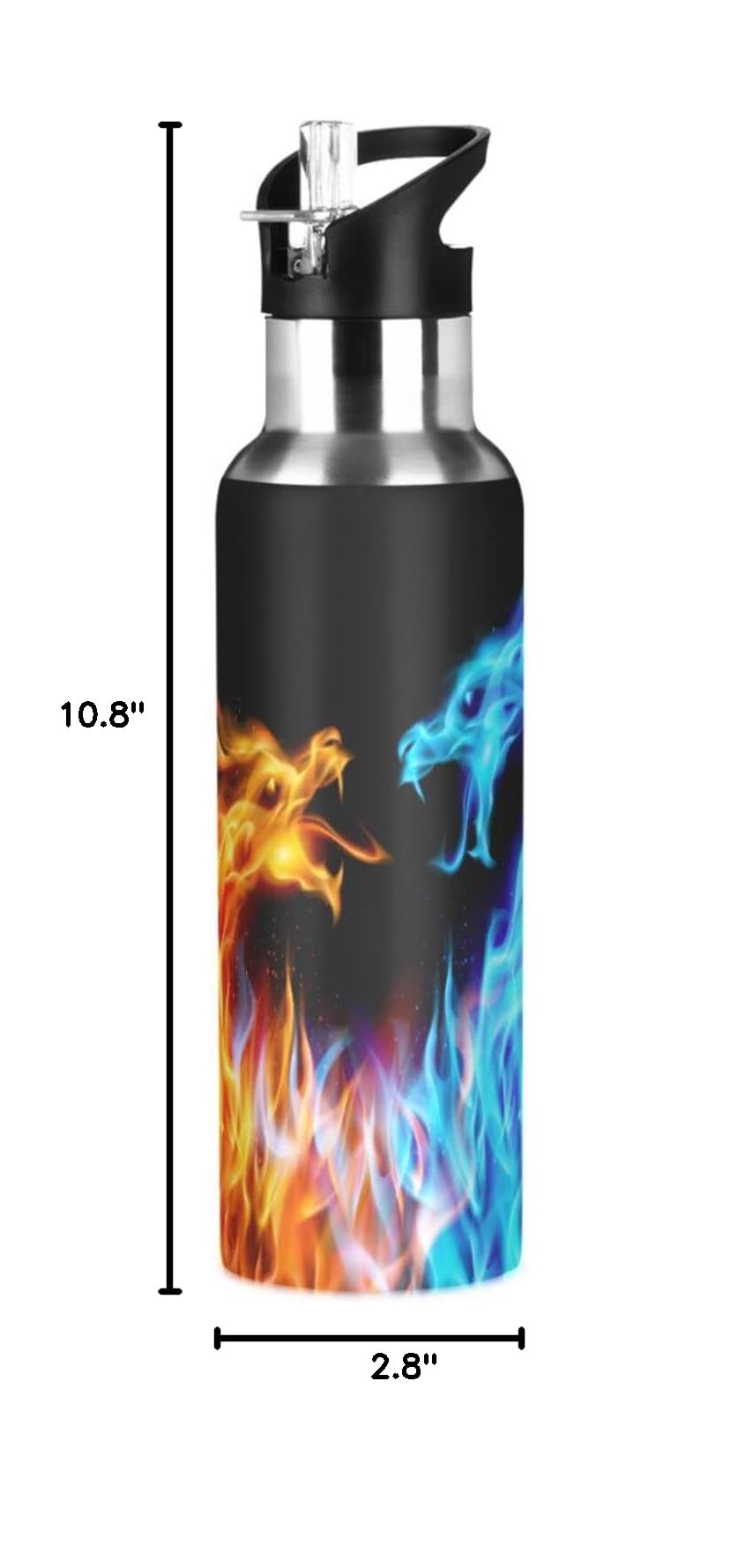 Kcldeci Red Blue Fire Dragon Sports Water Bottle 20 Oz Straw Lid Leak Proof Vacuum