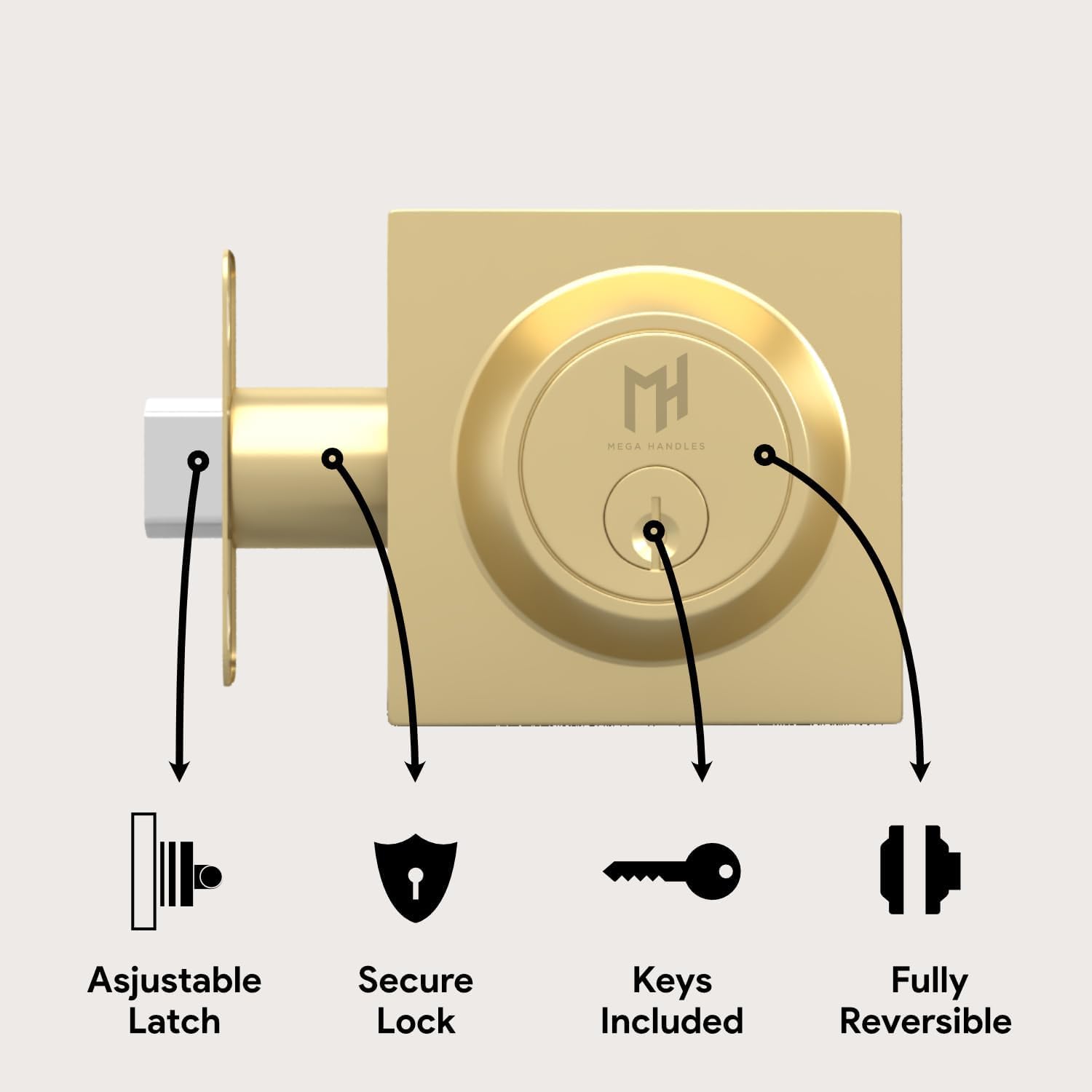 Mega Handles - Suana Heavy Duty Square Locking Deadbolt - Left/Right Handed - Interior/Exterior - Satin Brass