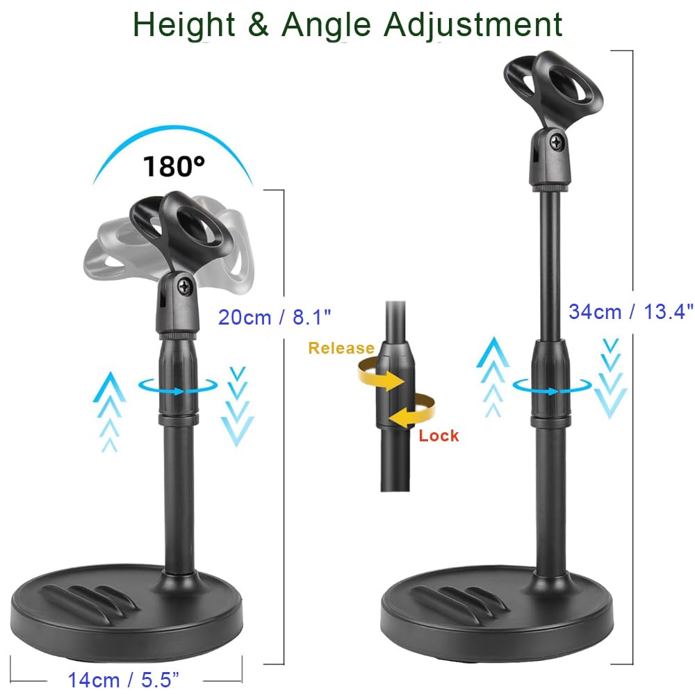 Etubby [3-In-1] Desktop Microphone Stand With Phone Holder, Adjustable Desk Table Mic Stand Webcam Stand Phone Stand With Mic Clip, Phone Clip, 3/8" To 5/8" Metal Adapter, Tripod Head