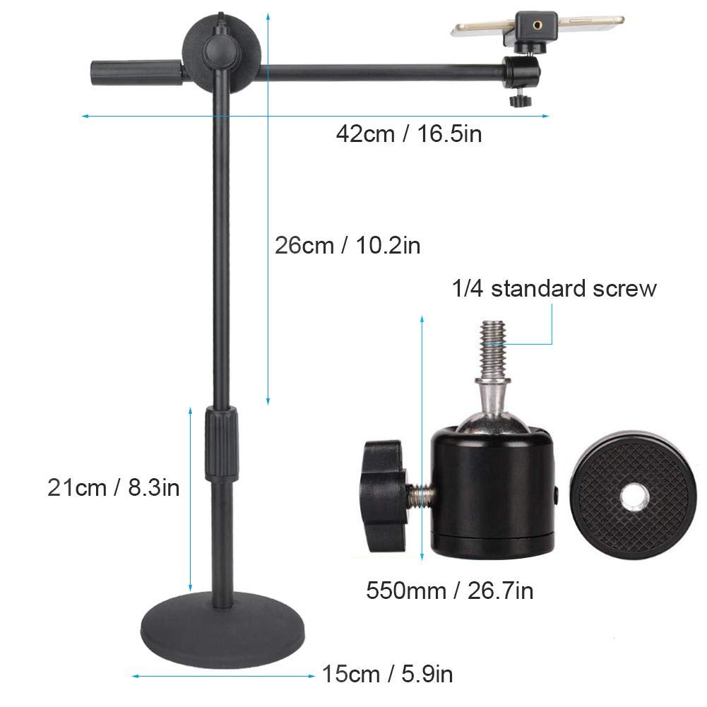 Hilitand Phone Photography Video Bracket Stand,360° Rotate Foldable Arm Overhead Low Angle Photo Shooting Live Recording Desktop Mount Stick Holder Extension Rod Pole,With 5.3-10Cm Phone