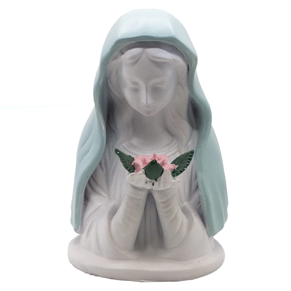 Village Gift Importers Blue Madonna With Rose Night Light | Small Catholic Table Lamp | Blessed Mother In Blue Veil Holding A Pink Rose | Emits Soothing Warm Light | Catholic Home Decoration
