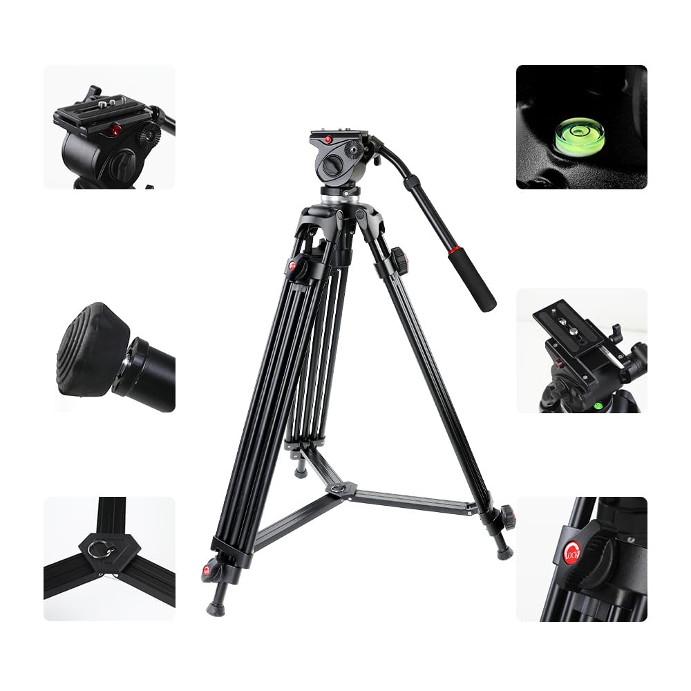 Gvm Great Video Maker Gvm-S160 Professional Tripod For Videographers And Filmmakers, 3-Section Aluminum Alloy Tripod With Hydraulic Fluid Head, 10Kg Load Capacity, 80Cm-160Cm Height Adjustable