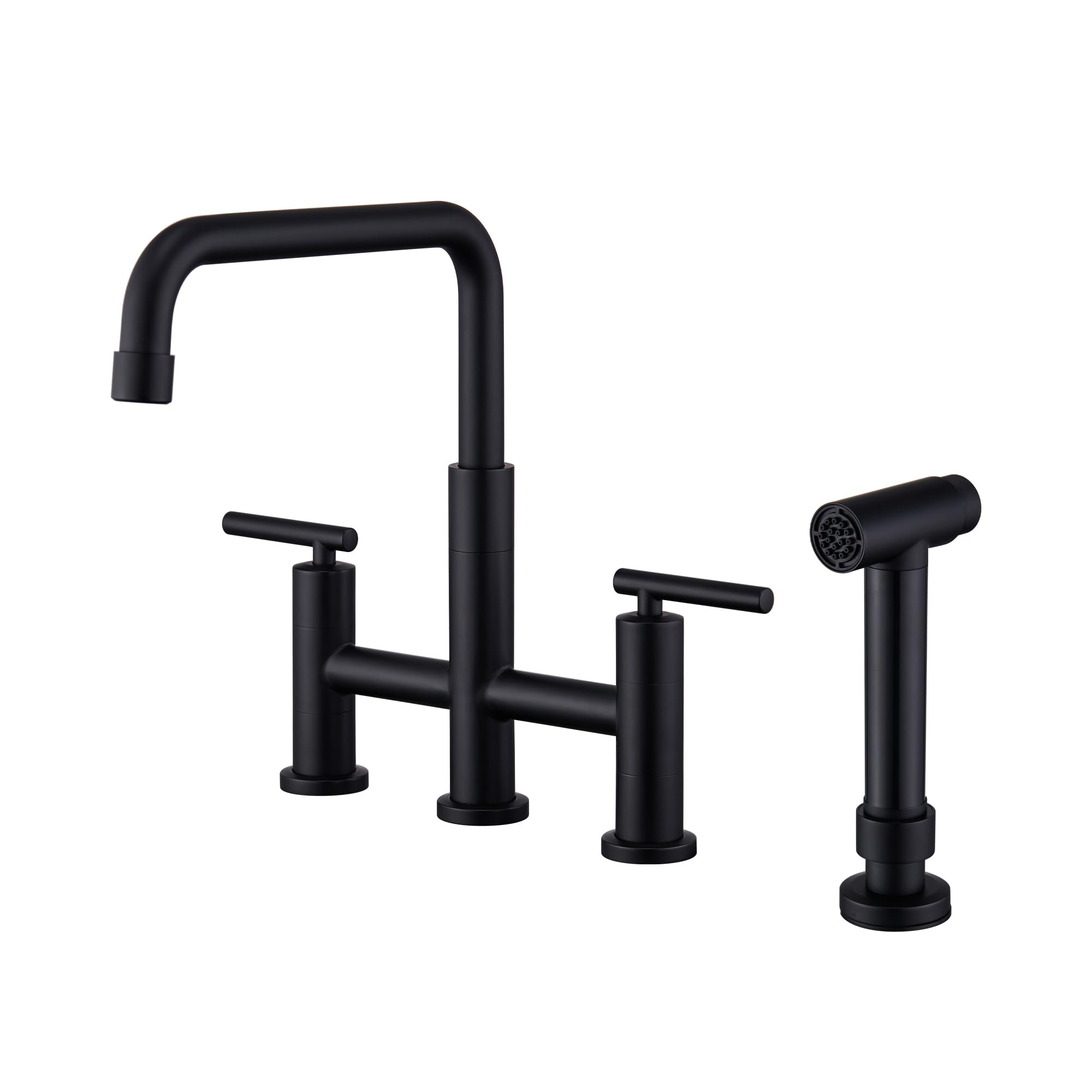 Mondawe Bridge Kitchen Faucet With Side Sprayer High Arch 2 Handles Farmhouse Kitchen Sink Faucet With Pull-Out Side Spray, 360° Swivel Spout, 4 Hole, 8 Inch Centerset, Matte Black