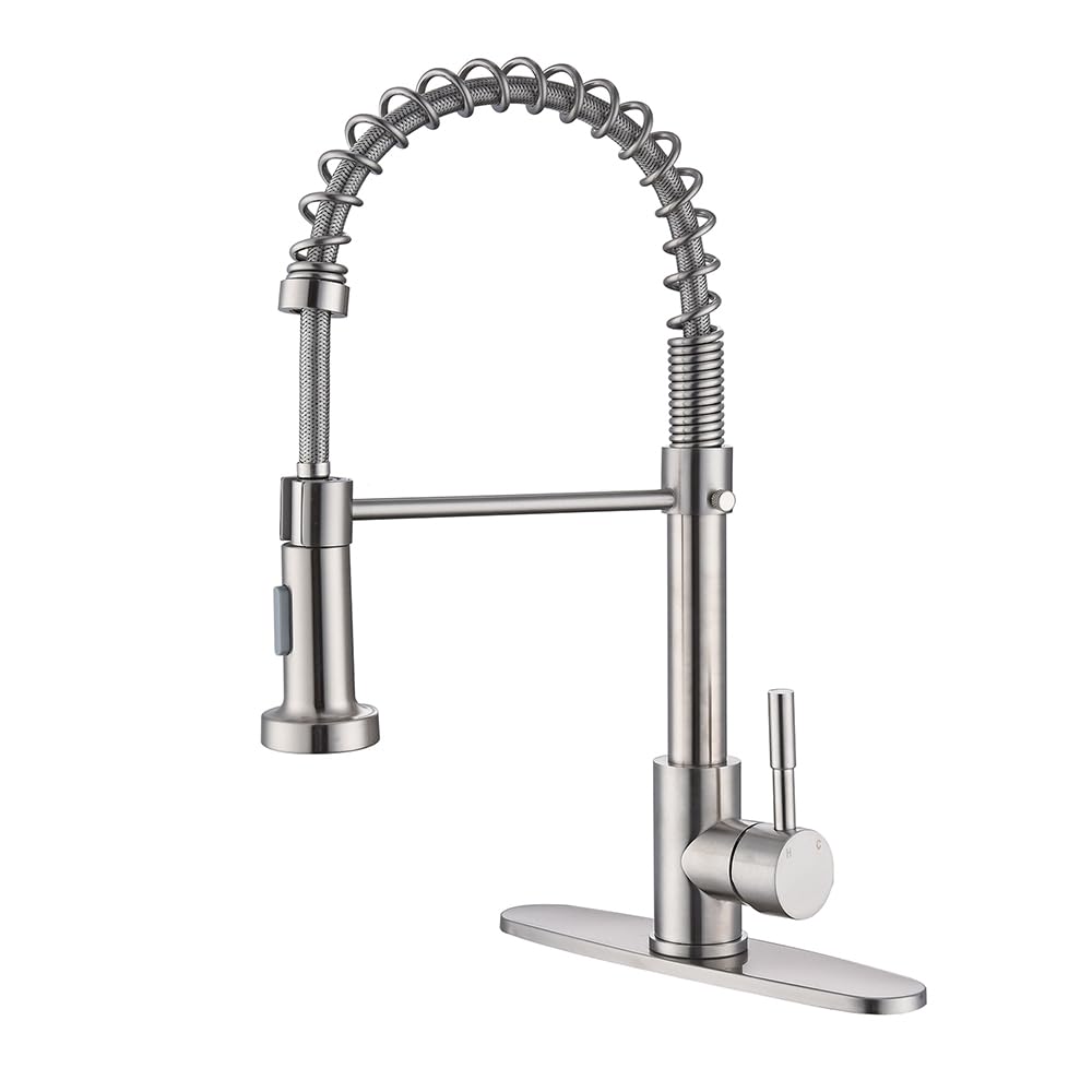 Bzoosiu Pull Down Sprayer Kitchen Faucet, Solid Brass Kitchen Sink Faucet With Deck Plate, Commercial Spring Single Handle Rv Kitchen Faucet, Brushed Nickel