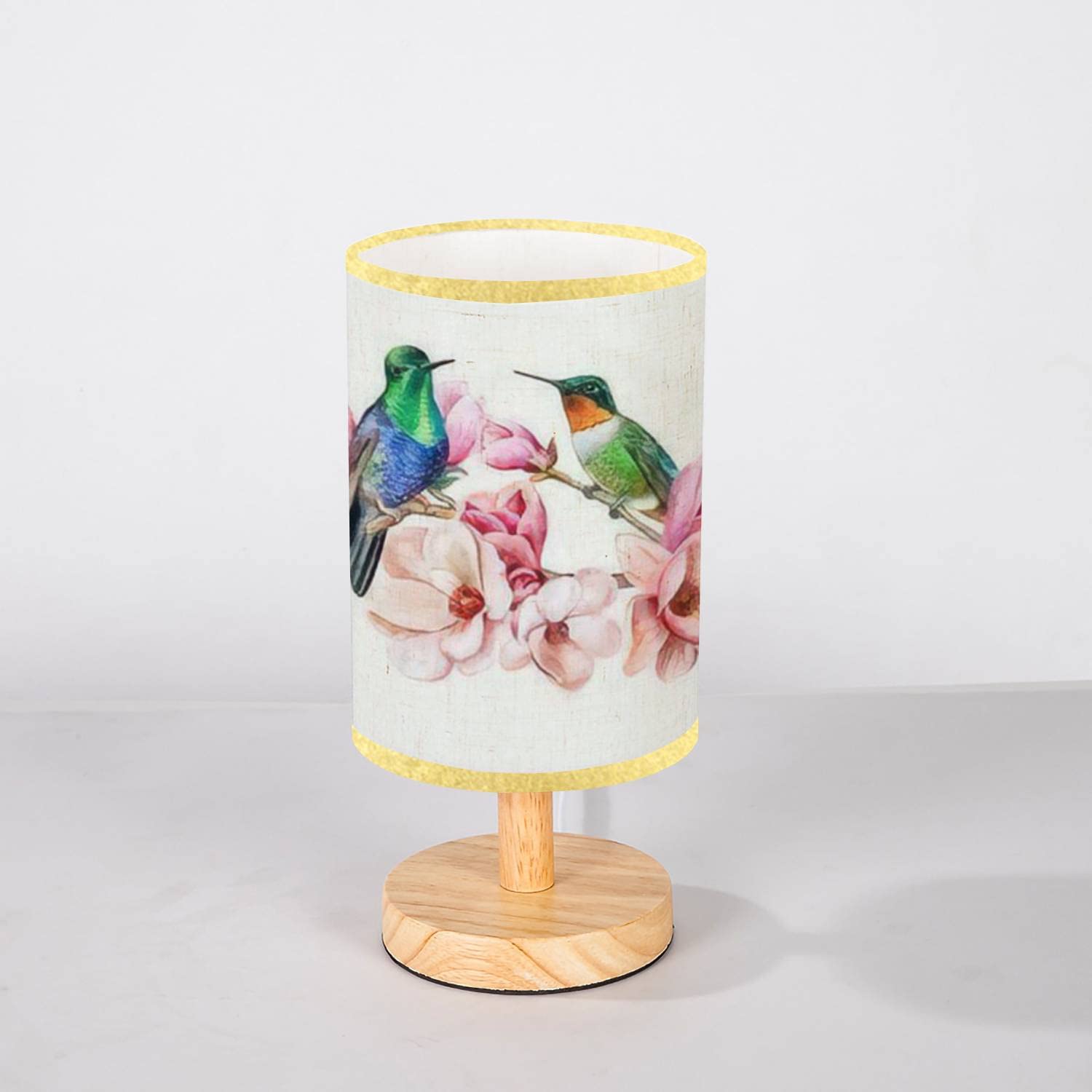 Lopyeijfg Minimalist Bedside Table Lamp Hummingbirds Sitting On A Flowering Branch Of Magnolia Exotic Birds Wood Nightstand Desk Base Flaxen Fabric Shade For Bedroom Living Room, 5.5X11Inch