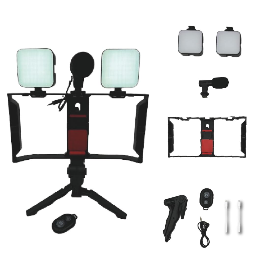 T Cache Vlogging Kit For Iphone & Android - Youtube Starter Kit With 2 Led Light, Tripod, Microphone & Smartphone Holder, Social Media Video Recording Kit - Content Creator Essentials