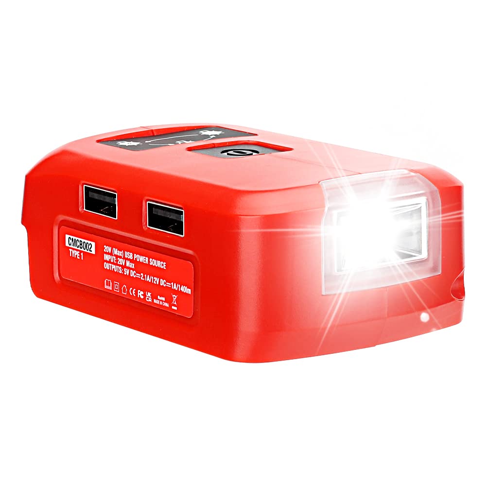 Hiesuan Battery Adapter Charger For Craftsman V20 Li-Ion Battery, Power Source With 3W 140Lm Led Light, 2 Usb Ports, 12V Dc Port Flashlight Worklight Outdoor Camping Lantern Light